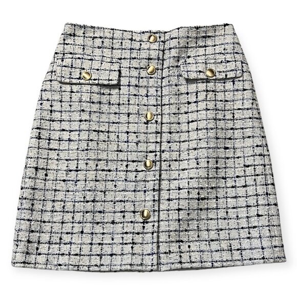 Ann Taylor Tweed Mini Skirt Women’s Size 2 – Blue White Black Check Gold Button - Picture 1 of 8